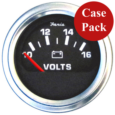 Faria 2" Voltmeter (10-16 VDC) Unlit 12V Black with Stainless Steel Bezel & Orange Pointer - Case of 24 - P/N VP0125
